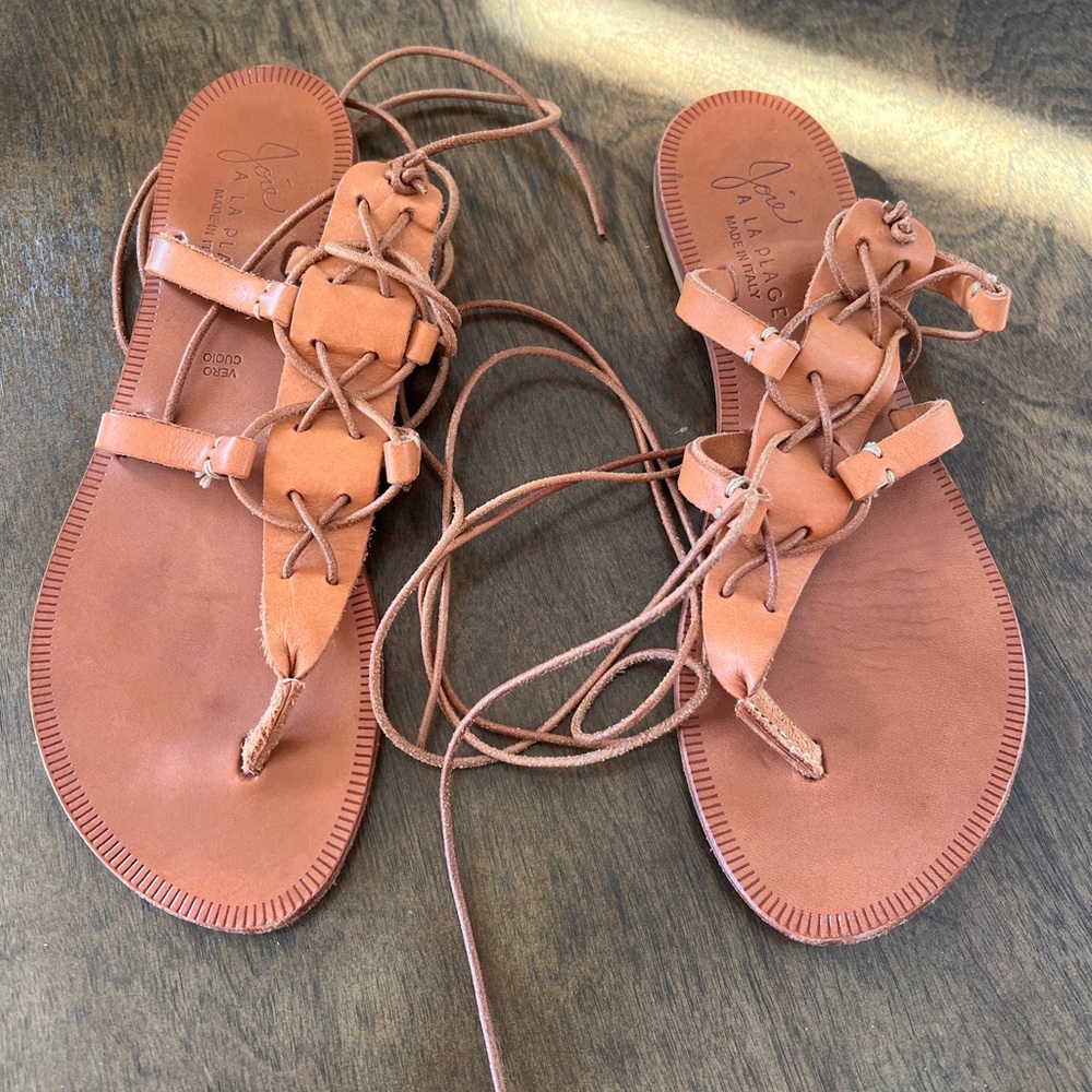 Joie Lace-Up Thong Gladiator Boho Sandals - Cognac Tan 7